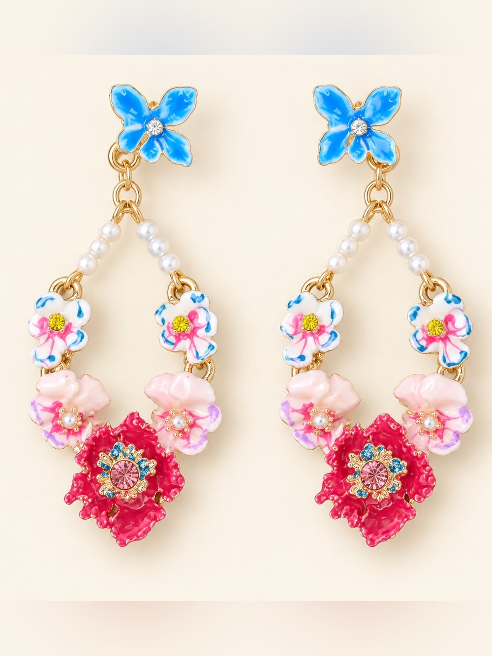 Gold-Tone Floral Drop Earrings with Blue, Pink and Red Accents